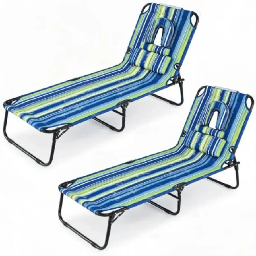 Tanning Chair, Folding Lounge Chair with Face Hole Cover, Removable Pillow and Carry Handle, Portable Compact Outdoor Recliner