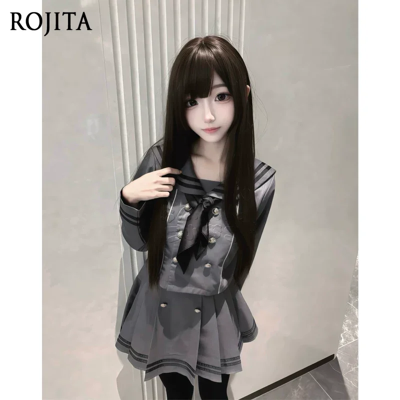 

Gray Sailor Suit Japanese Style Set Fashion White Long Sleeve Top + Elastic Waist Short Skirt + Hand-knitted Scarf