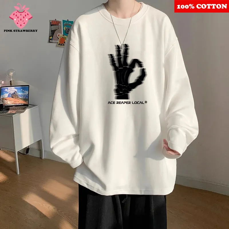 

American Street skeleton Print T-shirt Men Autumn 2025 New 100% Cotton White Long sleeves Loose T-shirt Y2k Tops Male clothing