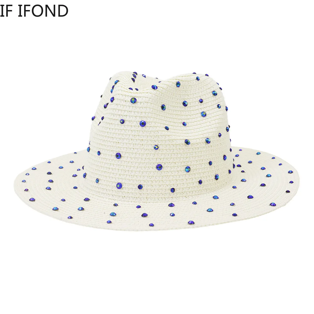 Hand made Diamond Straw Hat For Women\'s Summer Wide side Jazz Dress Cap Holiday Sun Protection Beach Hats