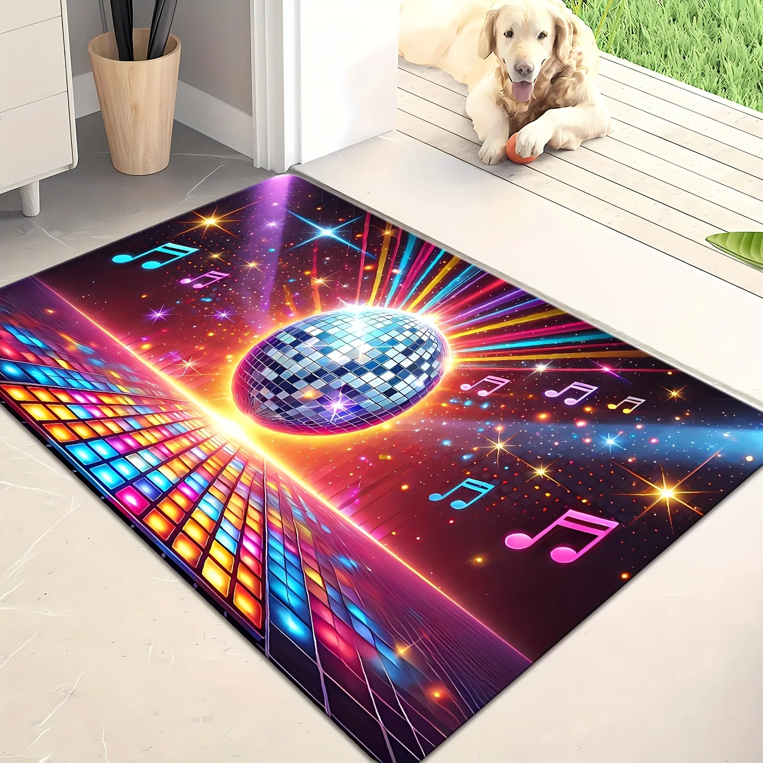 Vibrant Disco Area Rug for Living Room Party Music Lover Dance Floor Carpet Rainbow Neon Glow Gradient Bohemian Home Decor Mat