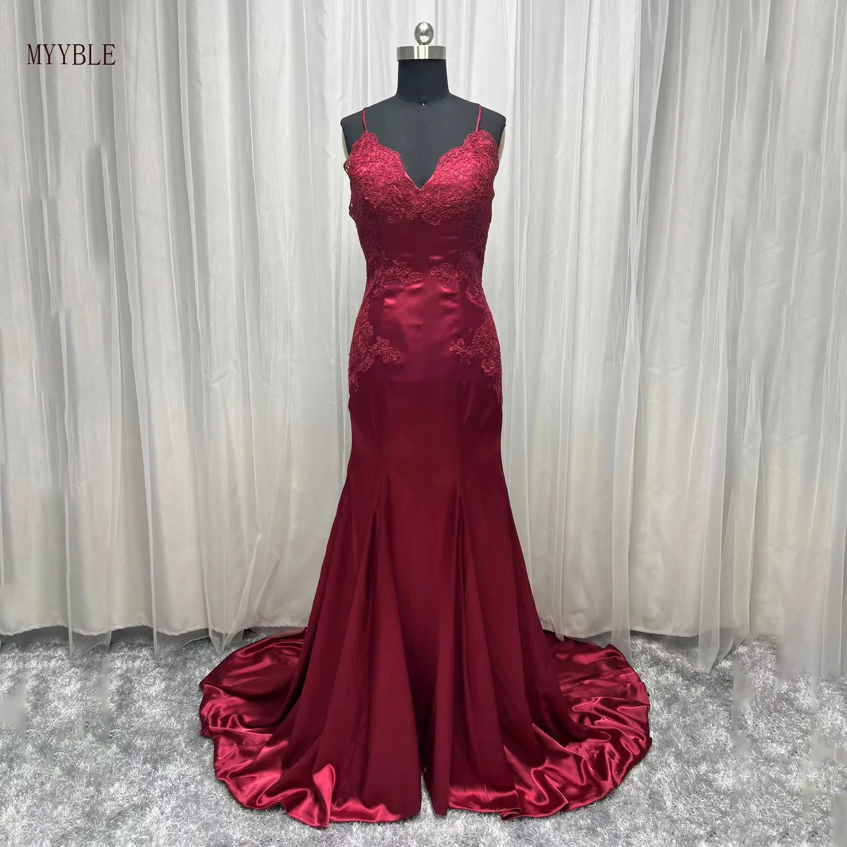 

Red Satin Mermaid Prom Dresses Spaghetti Backless Real Photo Appliques Long Evening Party Gown Vestidos De Mujer Para Bodas