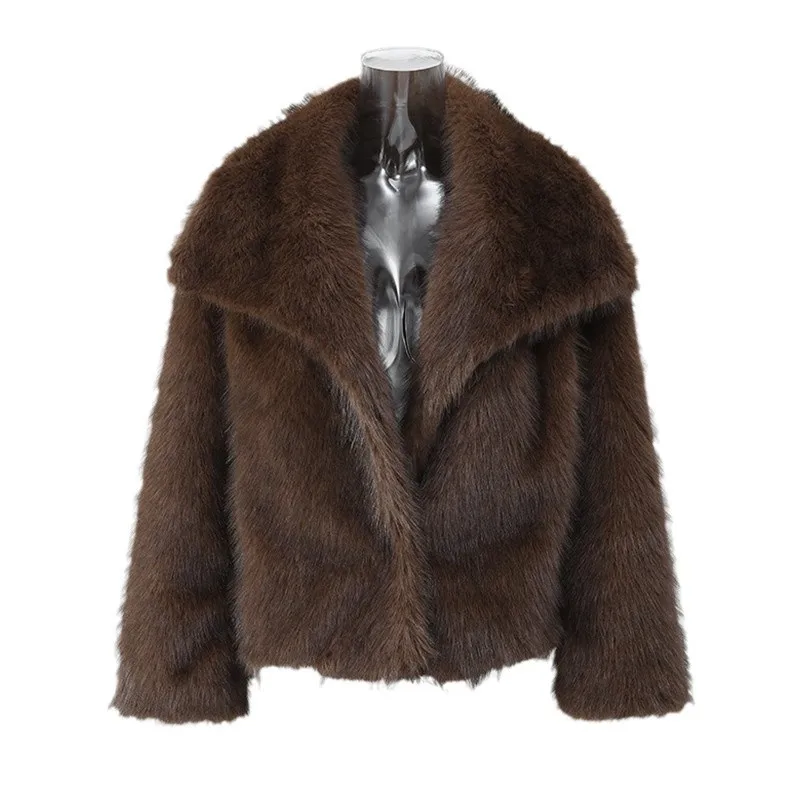 2025 레트로 인조 모피 턴다운 칼라 두꺼운 따뜻한 재킷 코트 가을 겨울 퍼 플러피 커피 솔리드 컬러 숏 재킷 아우터웨어