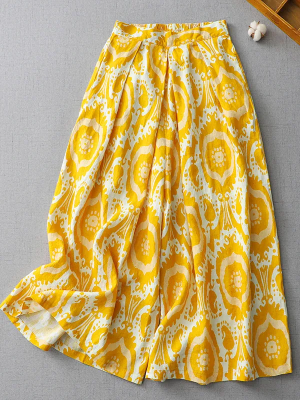 

Artistic Wide Leg Pants Women's Summer Elastic Waist Casual Versatile Skirt Pants Nine Points High Waist Loose Fit Floral Print