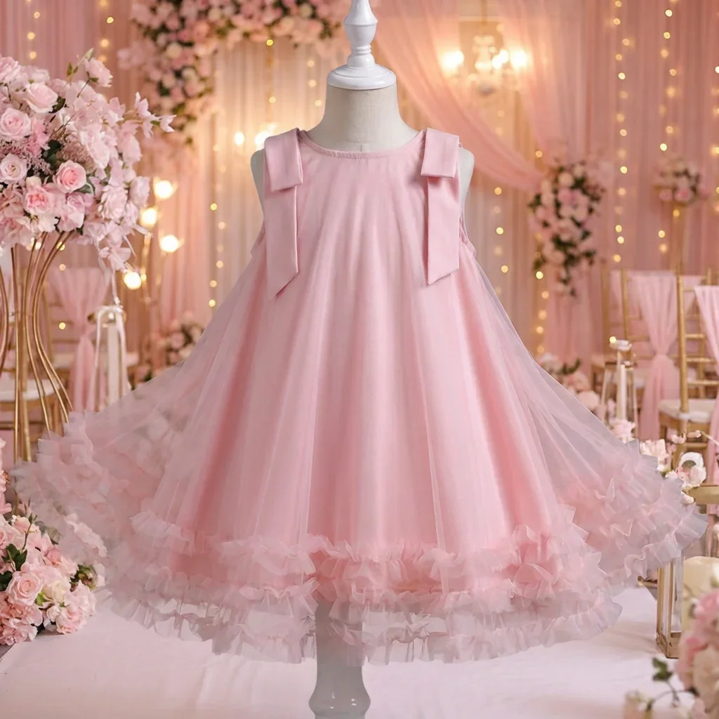 Summer 2 3 4 5 6 7-year-old Girl Pink Princess Dreamy Bow Mesh Vest Dress Children's Clothes Birthday Party