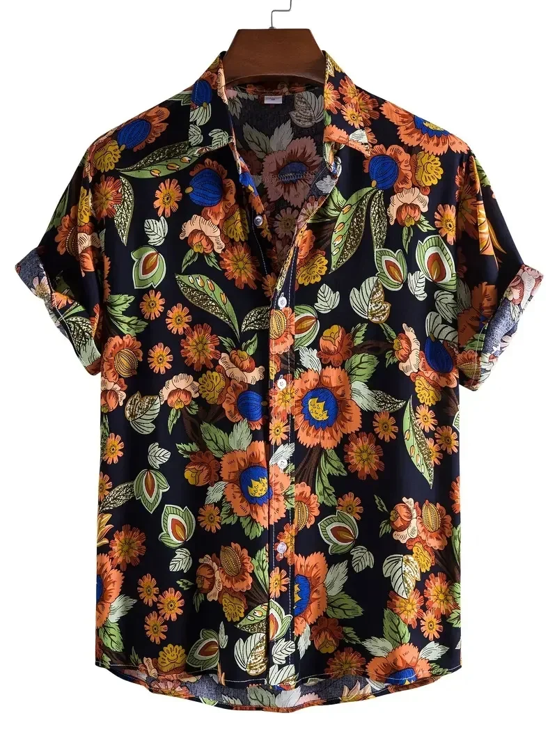 

Hawaiian graphic print shirt with lapel short sleeves and buttons, summer casual wear and holiday casual shirt casual fashion sh