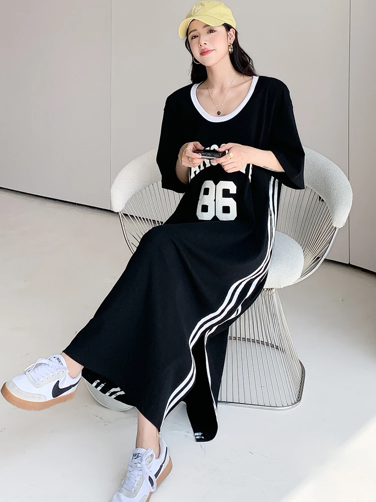 NYFS 2024 Summer New Korea Woman Dress Vestidos Robe Elbise Loose Plus Size Fat MM Letter Print Short Sleeve Long Dresses