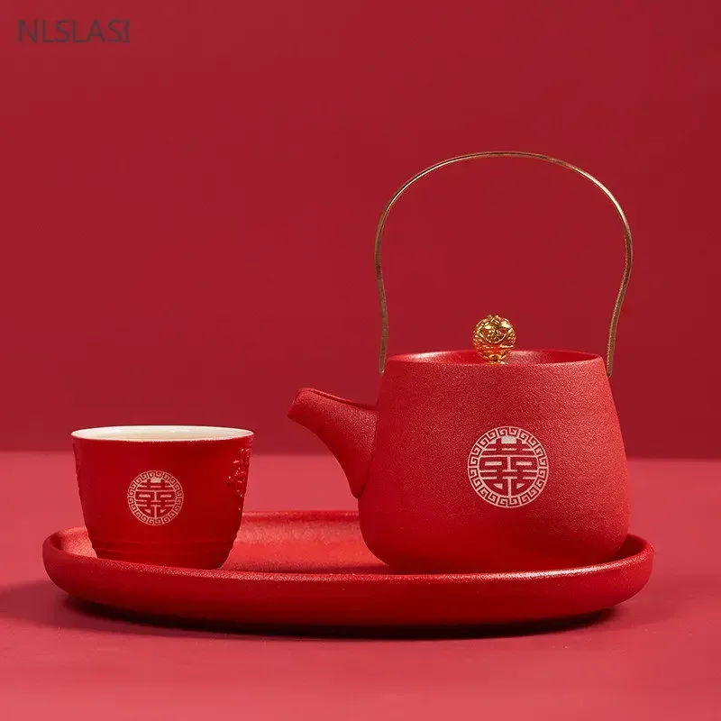1pc Red Handmade Ceramic Teapot Chinese Tea Pot Beauty Kettle  Wedding Supplies Household Tea Ceremony Customized Gifts 250ml