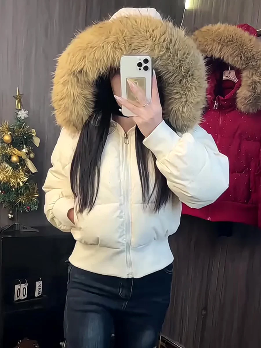 Jaqueta Puffer Feminina 2025 de Inverno Acolchoada com Plumas Brancas, Gola Grande de Pele, Quente, Modeladora, Casual e Elegante
