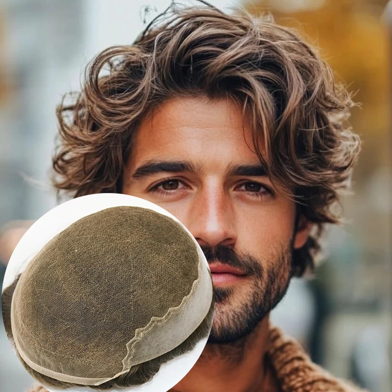 

Brown #18 Bleached Knots Lace Front Q6 Breathable Natural Hairline Human Hair Men's Toupee 1B40 1B80 Gray Hair Prosthesi Men Wig