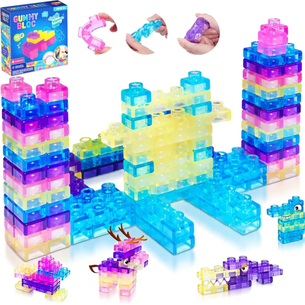 

Squishy Jelly Building Blocks Soft Stretchy Colorful Gummy for Kids’ Creative Play Transparent Crystal Blocks for Tabletop Game