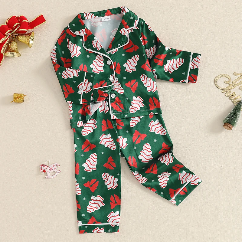 6M-4Y Ragazze Albero di Natale Fiocco Stampa 2 pezzi Pigiama in raso Pigiama Set Camicia con risvolto a maniche lunghe + Pantaloni in vita elastica Indumenti da notte