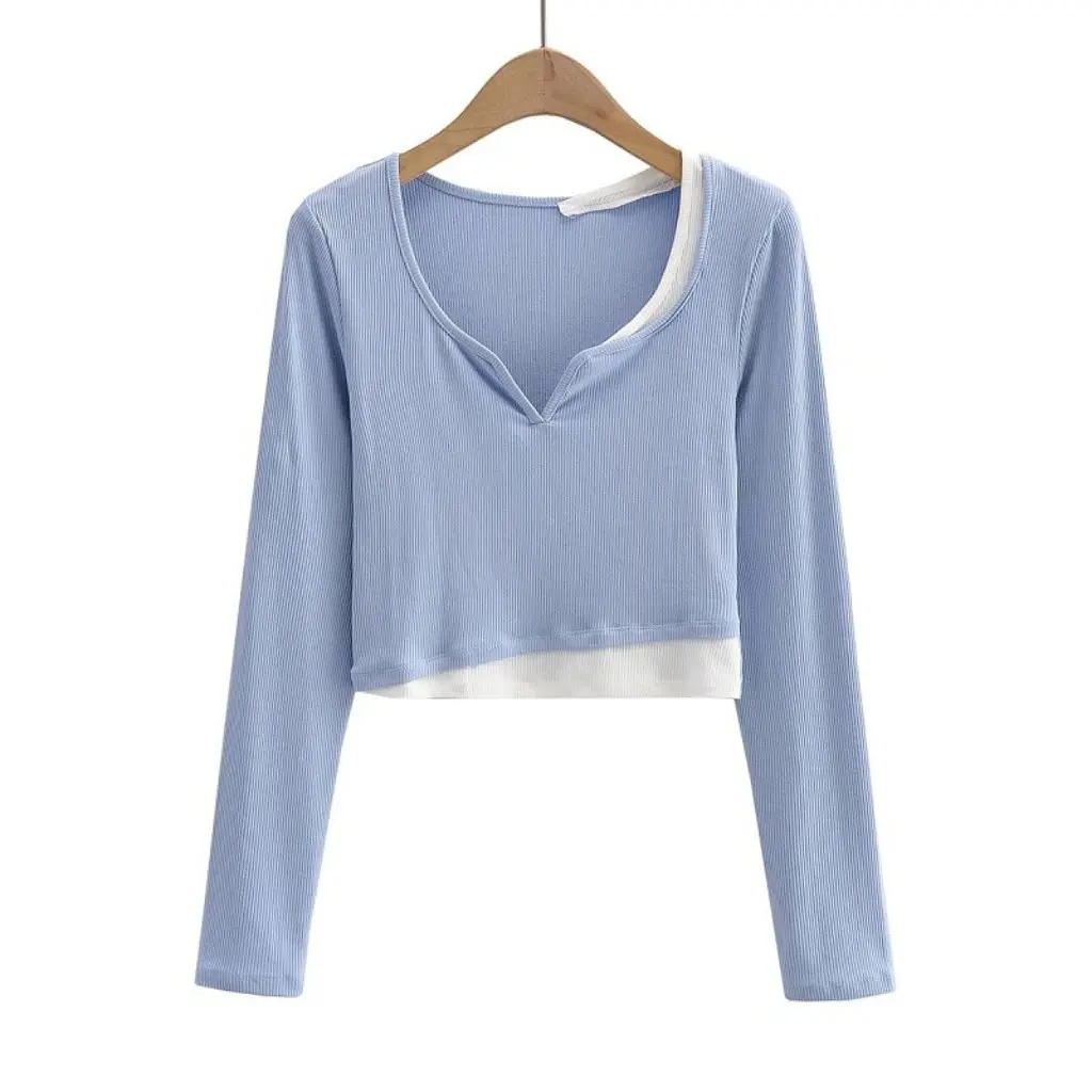 

YPFF Women's Slim-fit V-neck Long-sleeved T-shirt Autumn European American Style Contrast Color Stitching Fake Two-piece Top