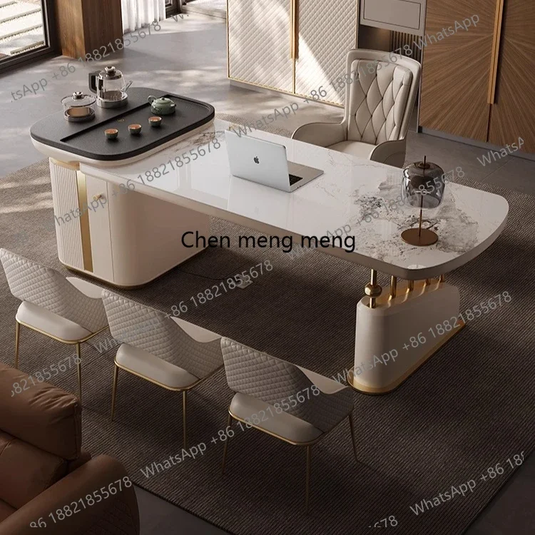 

Rock slab tea table light luxury modern high-end office living room fire stone tea table chair combination desk integrated