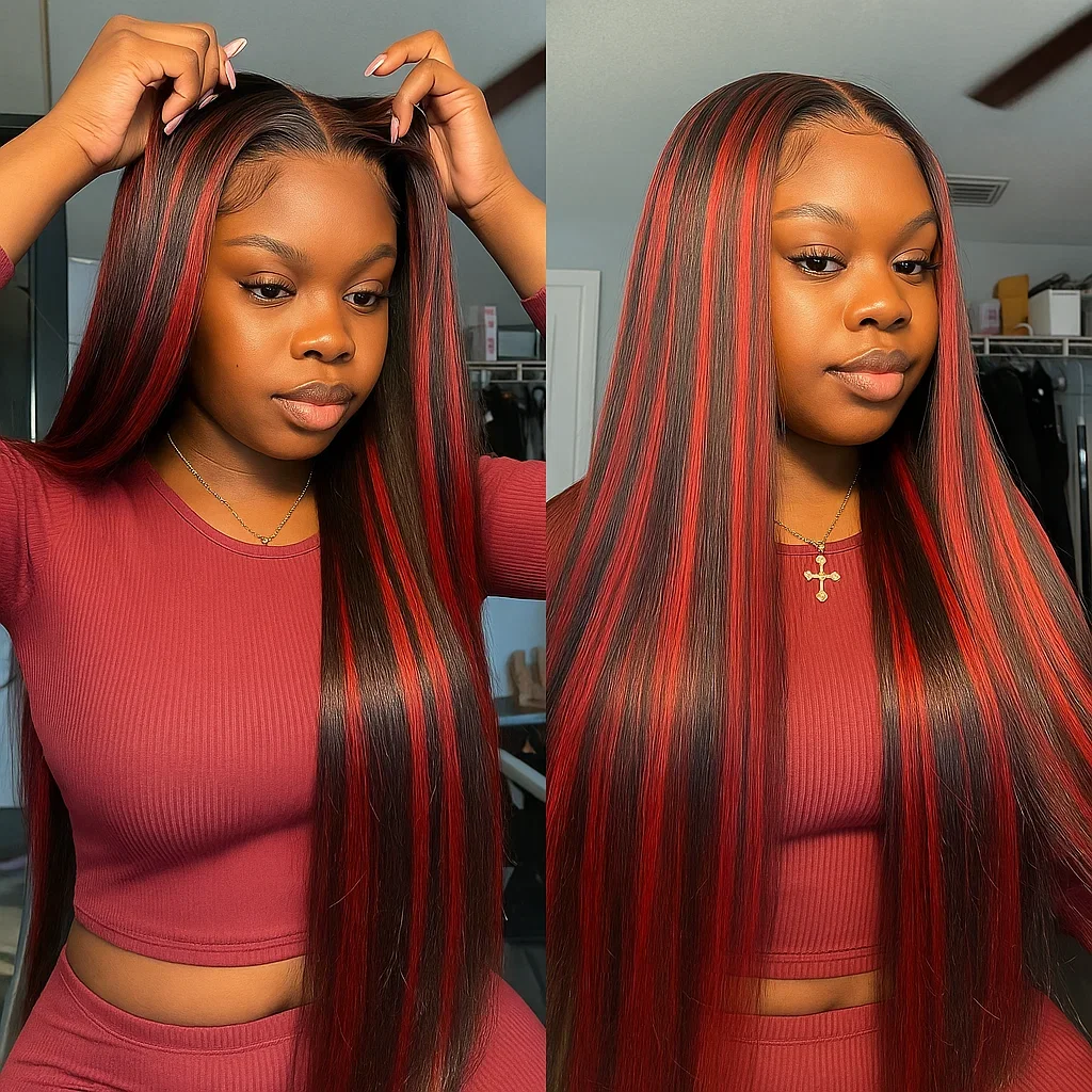 Highlight Lace Closure Wigs Human Hair Bone Straight Red With Black No Silk 5x5 Glueless Lace 1B/99J Colored  Wig Pre Plucked