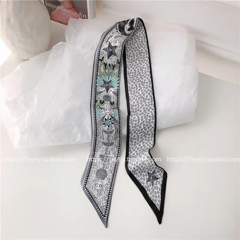 2024 French Versatile Tarot Goddess Sun Ladies 100% Twill Silk Scarf Decoration Long Strip Tie Binding Bag Ribbon