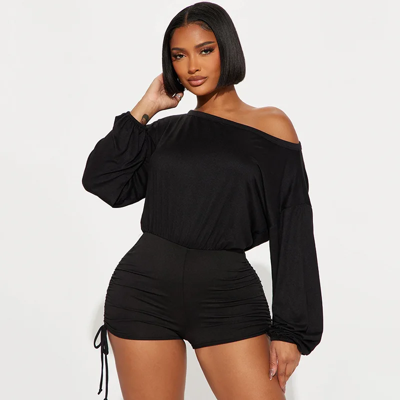 Europe and the United States fashion women's casual one-line neck off-the-shoulder long sleeve pleated drawstring waist rompers