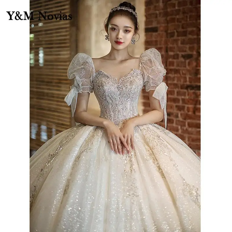 

Luxury Ball Gown Lace Applique Wedding Dress 2023 Short Sleeve Wedding Gowns robe de mariee Sweetheart Beaded Vestido De Novia