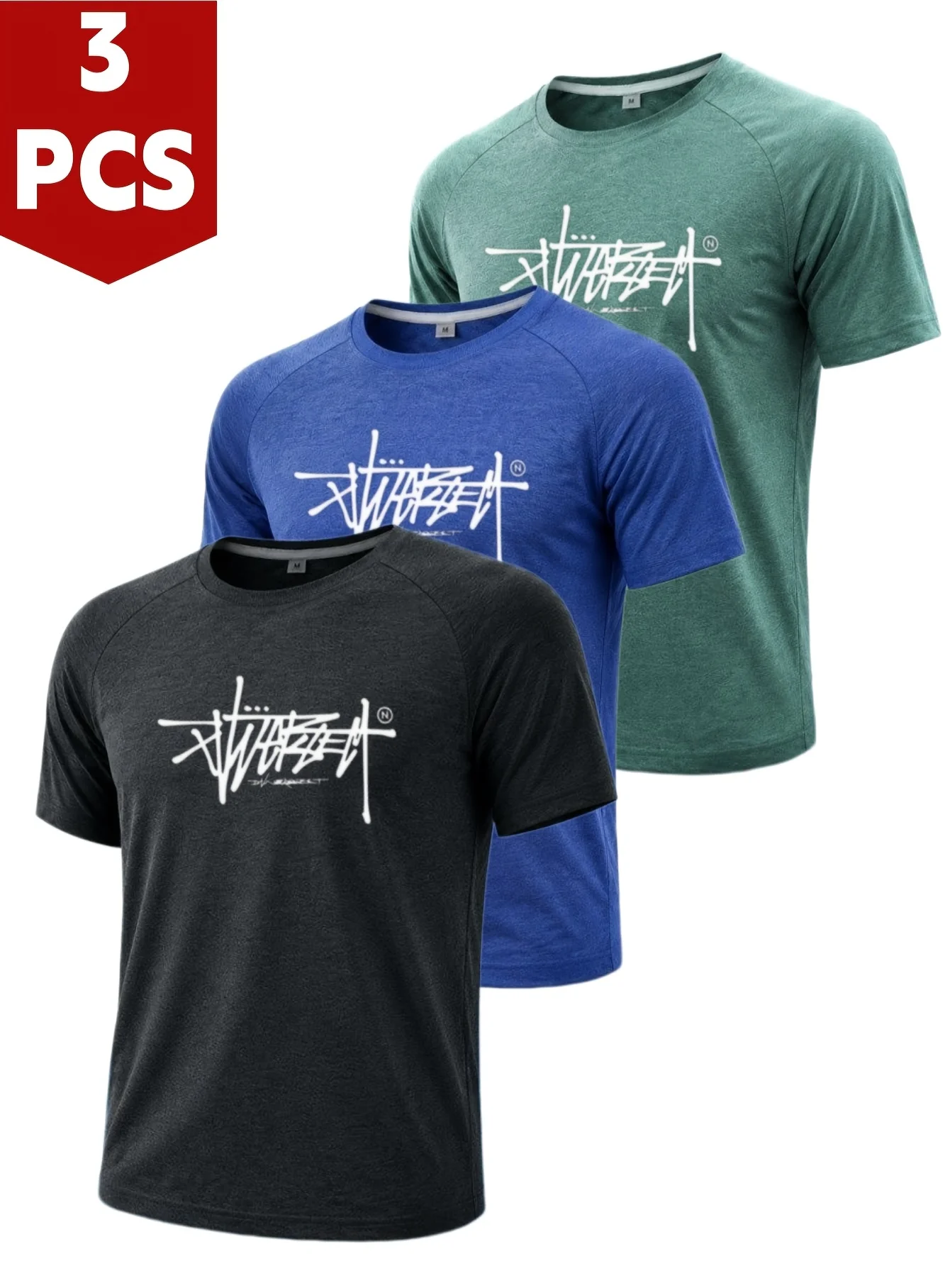 3pcs street graffiti font printed men's T-shirt, high elasticity smooth sports T-shirt, summer round-neck loose casual top