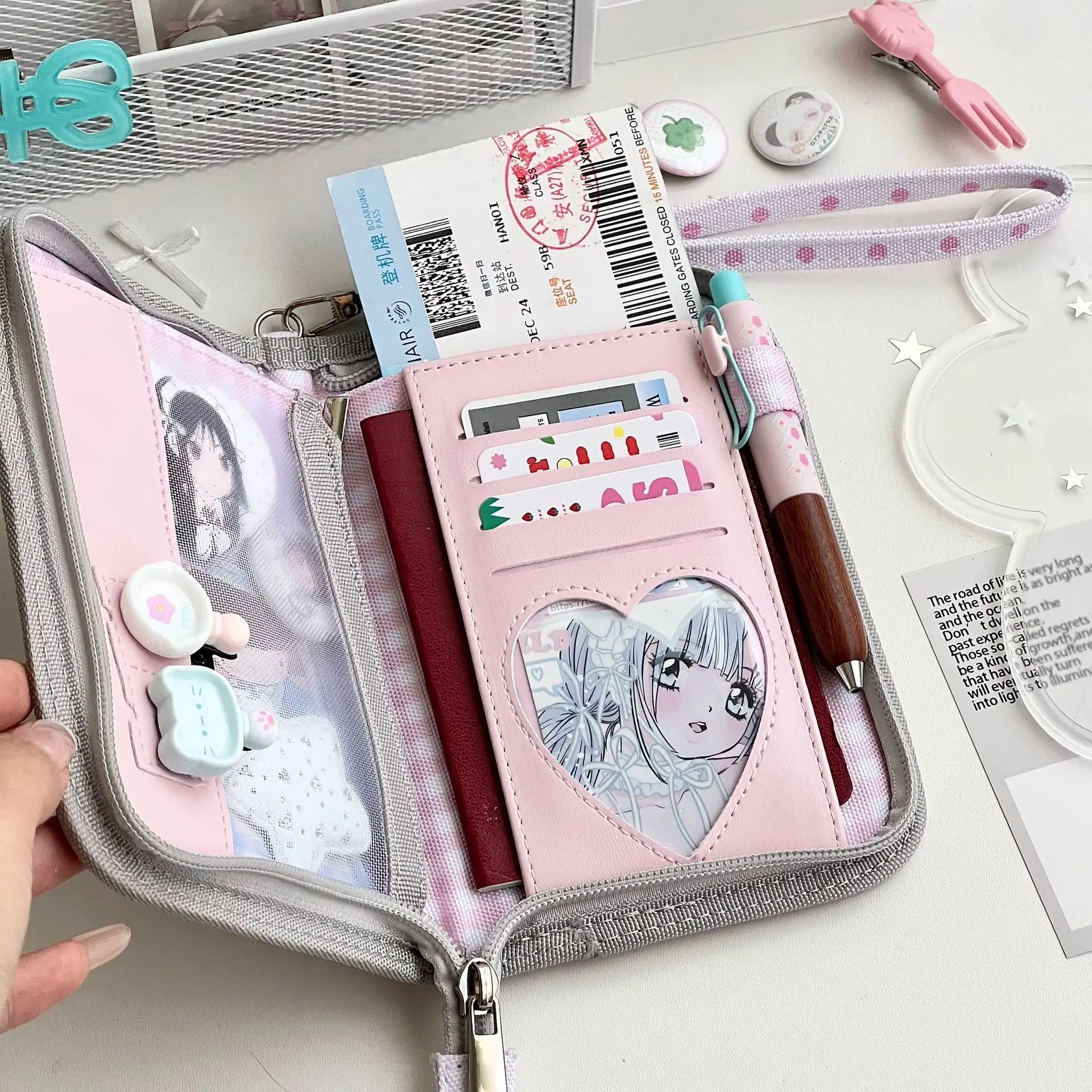 Korean Style Gray Pink Polka Dot Denim Folder Cute Student ID Card Storage Office Supplies Organizer