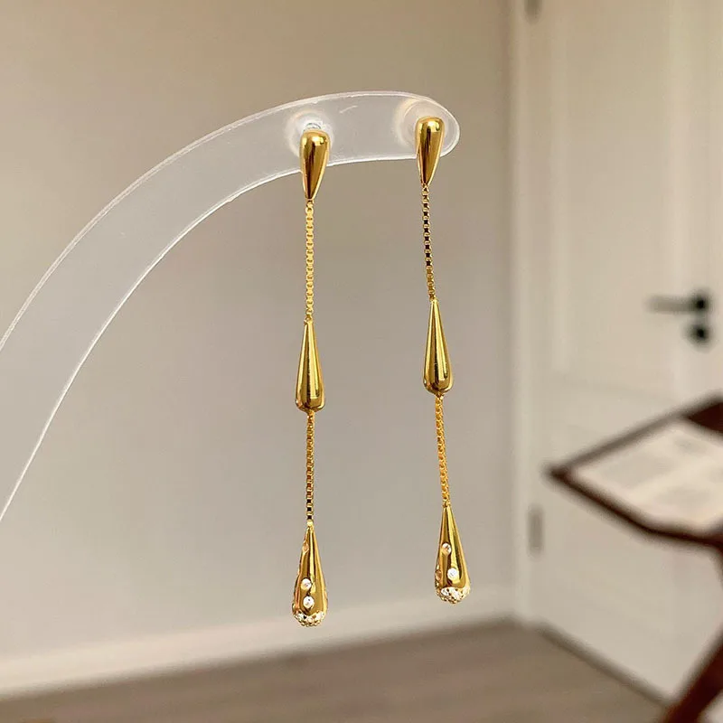 Creative Glossy Chain Long Water Drop earrings for women Unique Design High Grade Simple inlay Diamonds Earring Banquet Jewelry