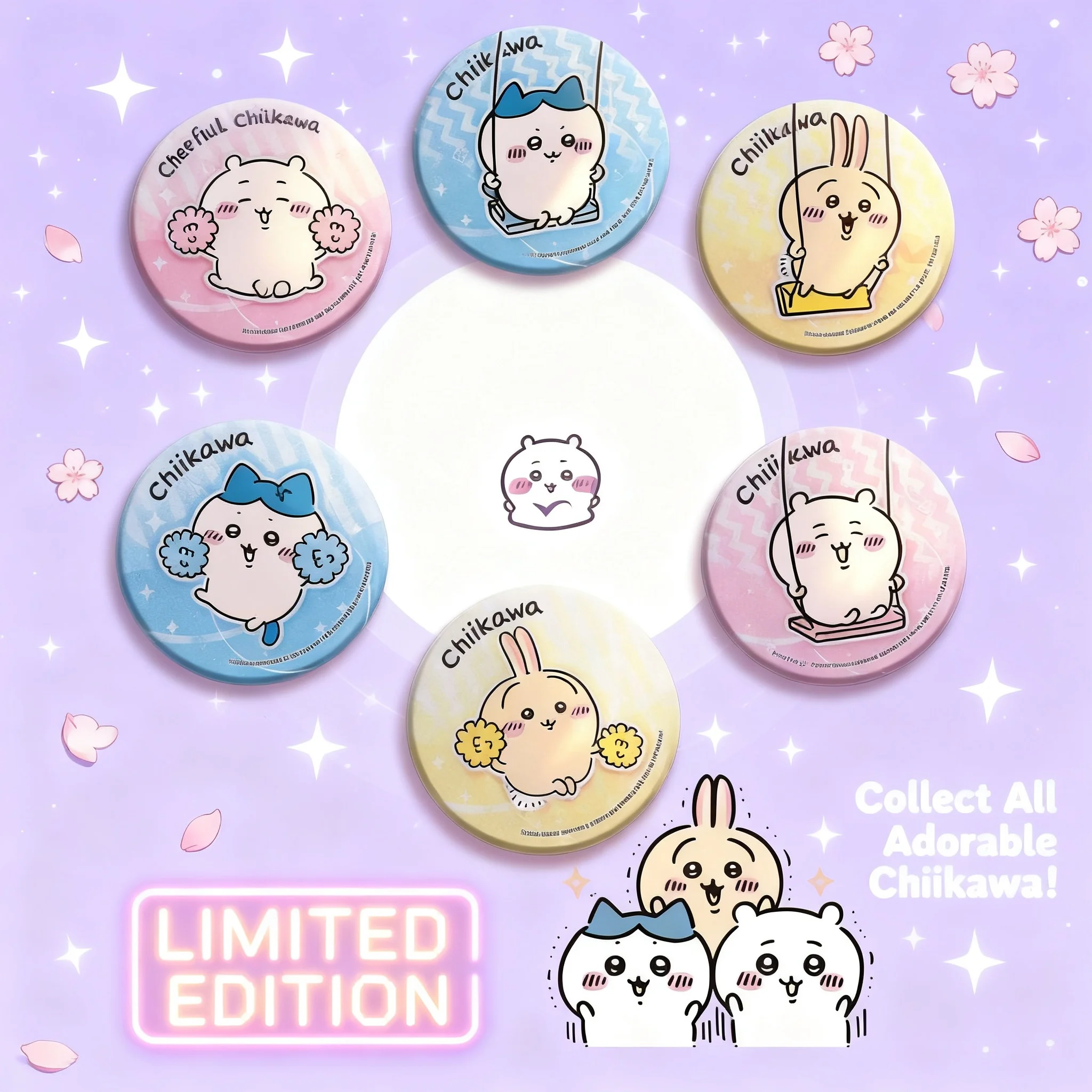 

Chiikawa Anime Pin Badge 75mm 58mm Enamel Metal Badge New Design All Characters Double Flash Badge Anime Merchandise