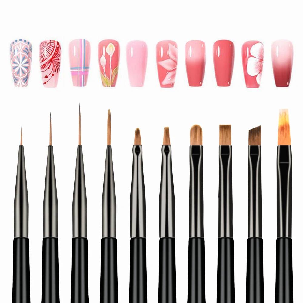 10 pz Pro Nail Art Brush Set Disegno Penna Francese/Linea a strisce/Ombre/Fiore Vernice Estensione delle unghie Gel Pennello per unghie Kit di strumenti per manicure