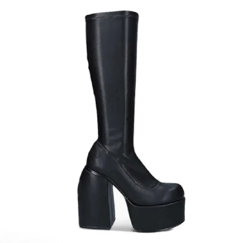 Autumn/Winter Square Headed Thick High Heels Knee-High Elastic Boots for Womens on Platform Black Knight Boot Sexy Party Pumps