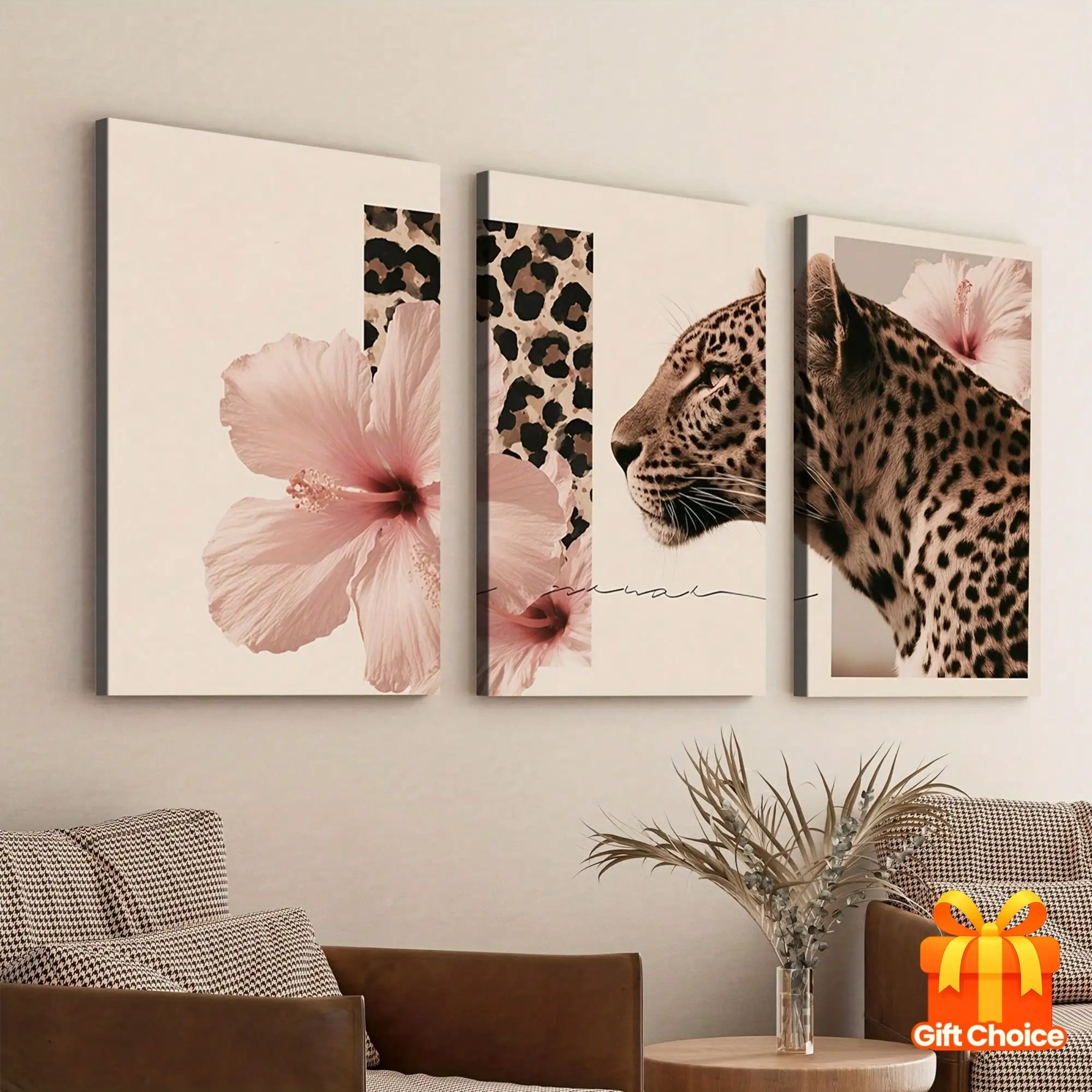 2D Flat Set of 3 Modern Pink Floral & Leopard Print Wall Art Posters — Soft Pink Hibiscus & Cheetah Spot Canvas Prints in Wrappe