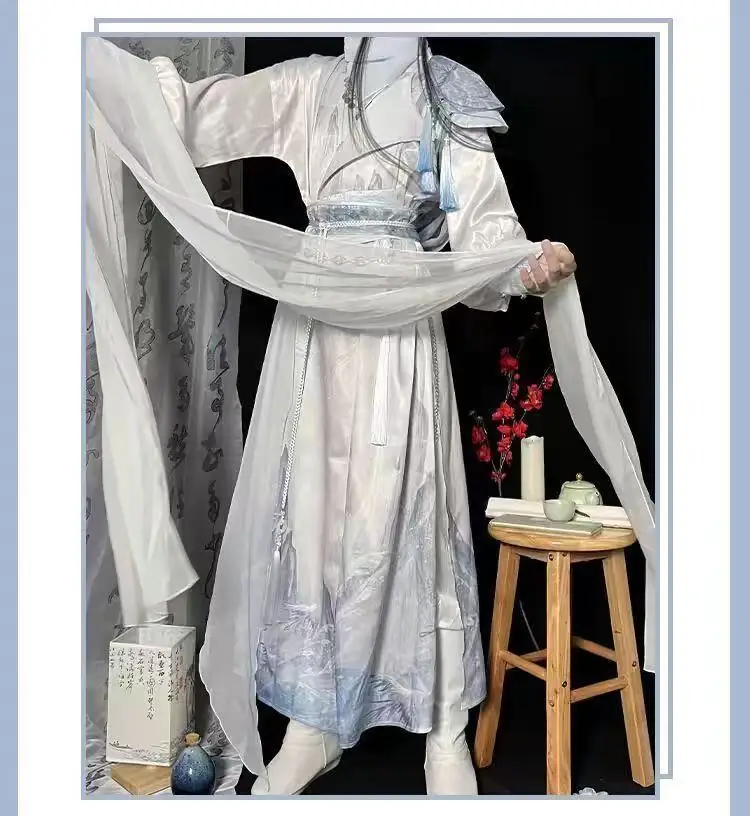 Hanfu Peri Kuno untuk Pria & Wanita, Jubah Leher Bulat Tradisional Tiongkok, Pakaian Cosplay Penembak Pedang untuk Acara Halloween yang Awet Muda