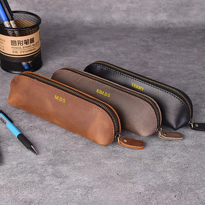 Custom Letters Vintage crazy-horse PU Leather Pen Pouch Personalized Luxury Pen Bag Zipper Man Business Office Storage Bag