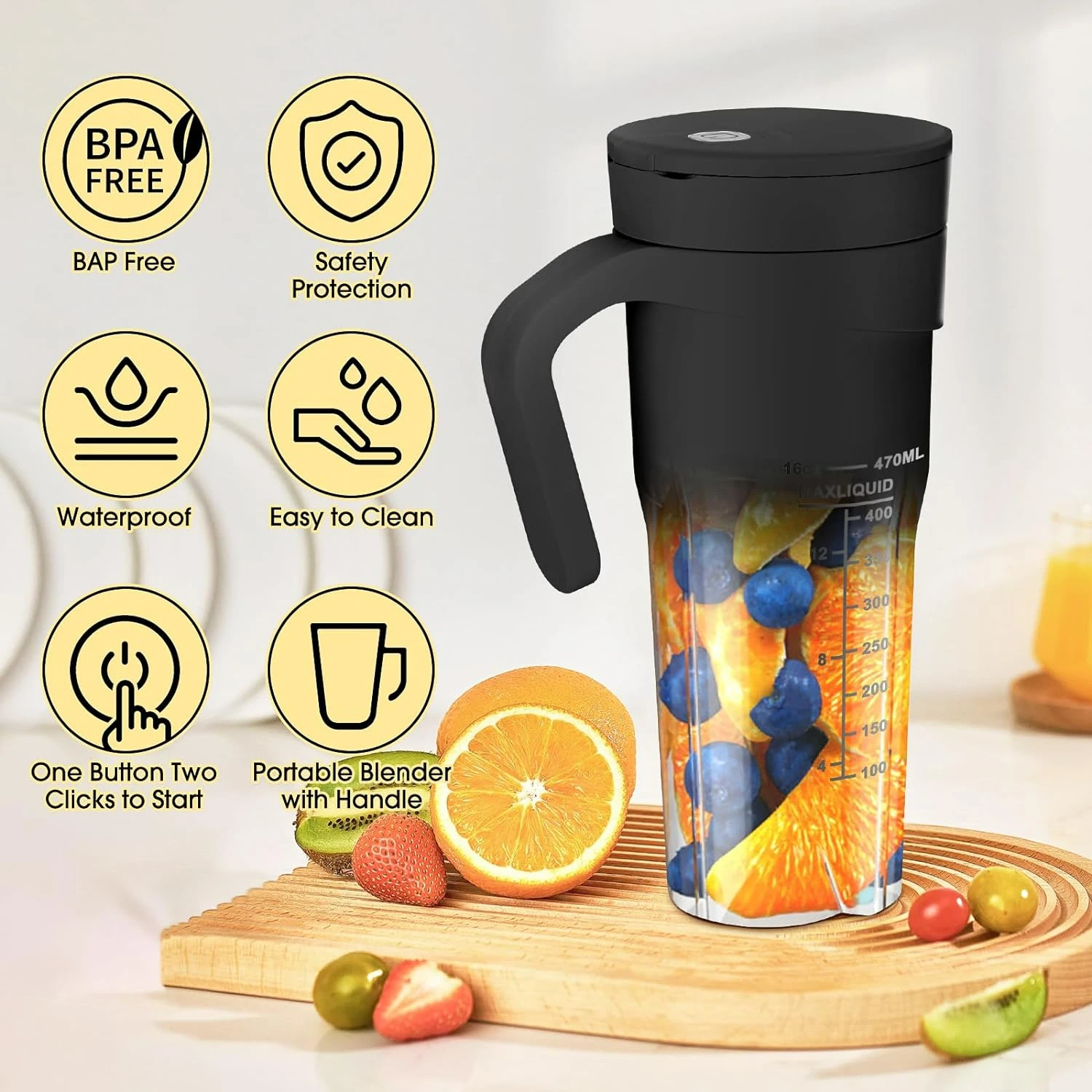 Compact Portable Black Smoothie Maker Blender with 6 Detachable Blades, USB Rechargeable Personal Size 16 Oz Juicer for On-the-G