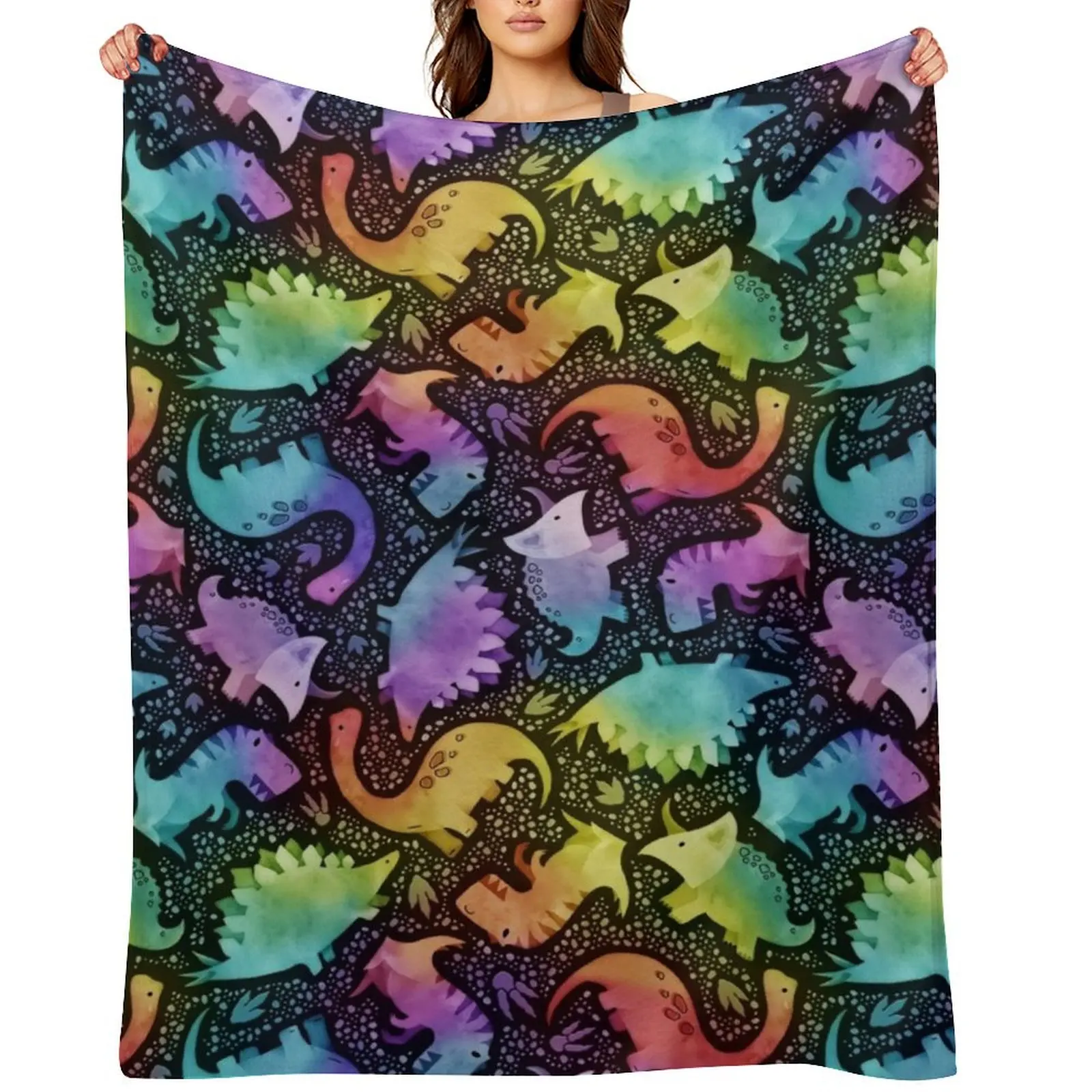 

Watercolor dinosaur rainbow on black Throw Blanket valentine gift ideas Plaid on the sofa Furry wednesday Blankets