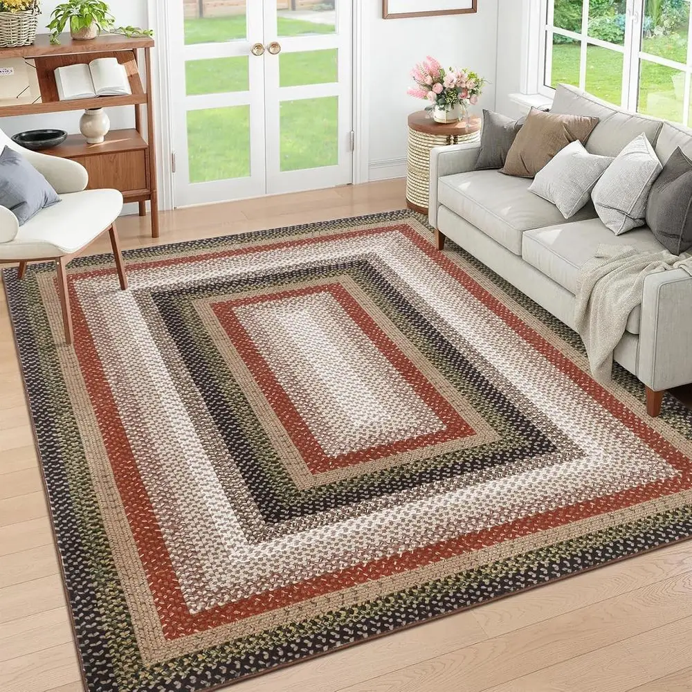 

Machine Washable 5x7 Modern Braided Rug for Living Room, Dining Area, and Entryway - Crimson/Earthy Tones