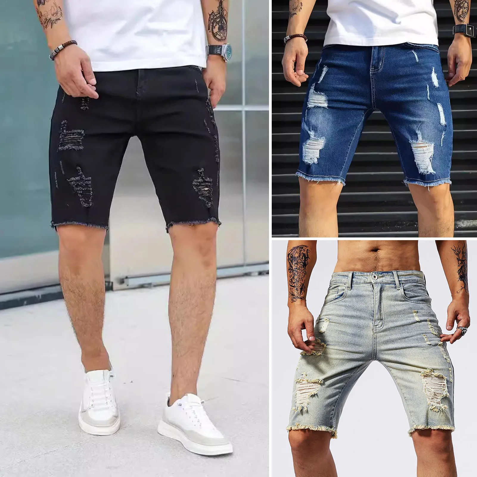 Patchwork Color Denim Shorts Summer Men\'s Denim Shorts with Multiple Pockets Baggy Ripped Jeans Streetwear Style for Casual Wear