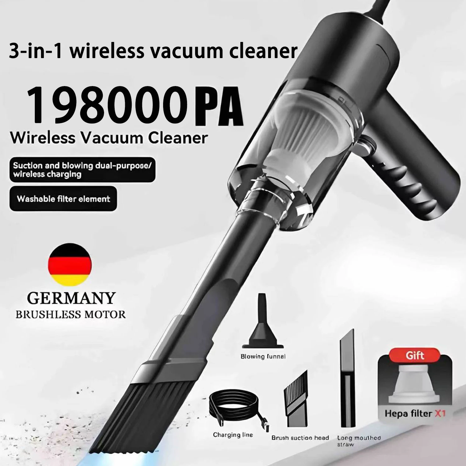 New 198000PA 120w Car Vacuum Cleaner Wireless Super High Powerful 3 in 1 Wet Dry Dual Use Portable Handheld Vacuum Cleaner