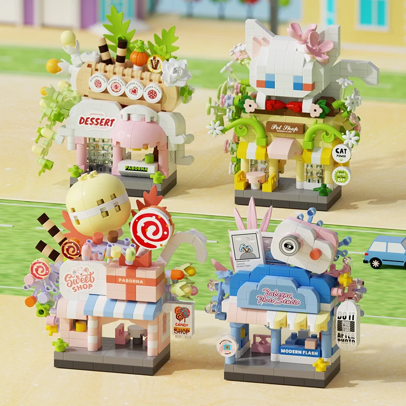 Bausteinset für Straßenszenenladen, kreatives Mini-Straßenszenenmodell, geeignet für Desktop-Display und Sammlung.