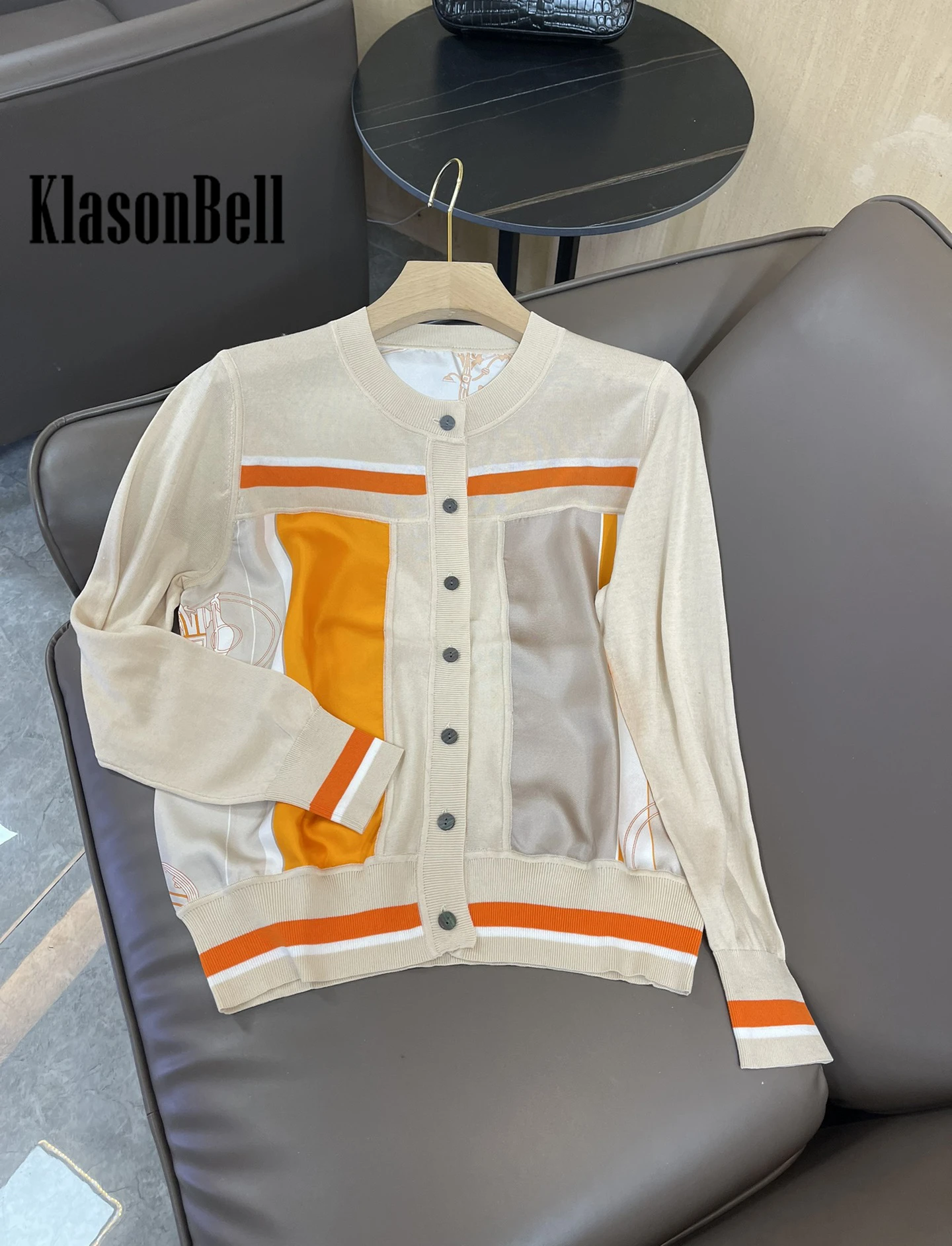 9.26 KlasonBell Casual Contrast Color Silk Pattern Print Single Breasted Wool Knitted Cardigan Women