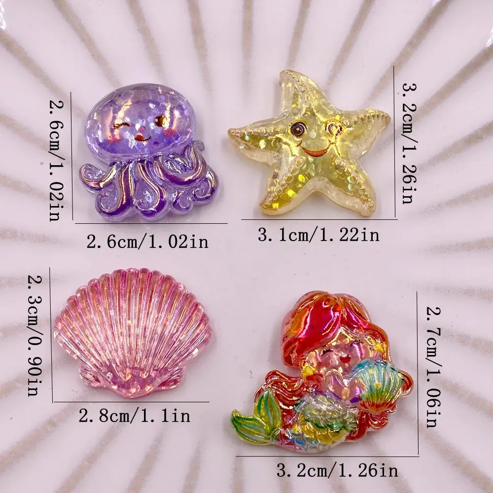 8PCS Resin Glitter Colorful Sea Star Shell Mermaid Jellyfish Figurine Flatback Rhinestone Cartoon Scrapbook DIY Bow Decor Crafts