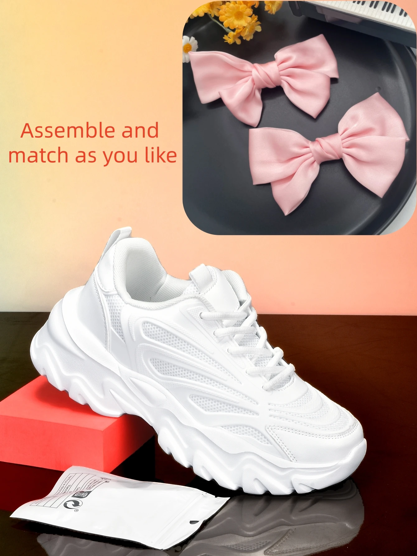 Women's Thick-Soled White Dad Shoes with a 5cm Height Increase, Sweet Girly Style with Pink Bow Decoration, Casual Sneakers for All Seasons, Breathable Mesh Upper, Soft Sole, Lightweight, Unique Design, Suitable for Students, Campus Daily Commute, Versatile for Multiple Occasions, Trendy Women's Shoes view 6
