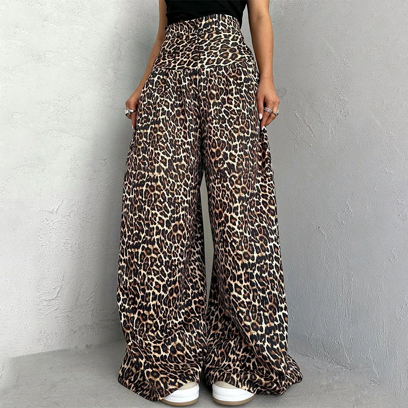 

BKLD Personalized Trendy Straight Vintage Leopard Pants Female High Waisted Pleated Loose Fit Long Trousers 2024 Club Streetwear