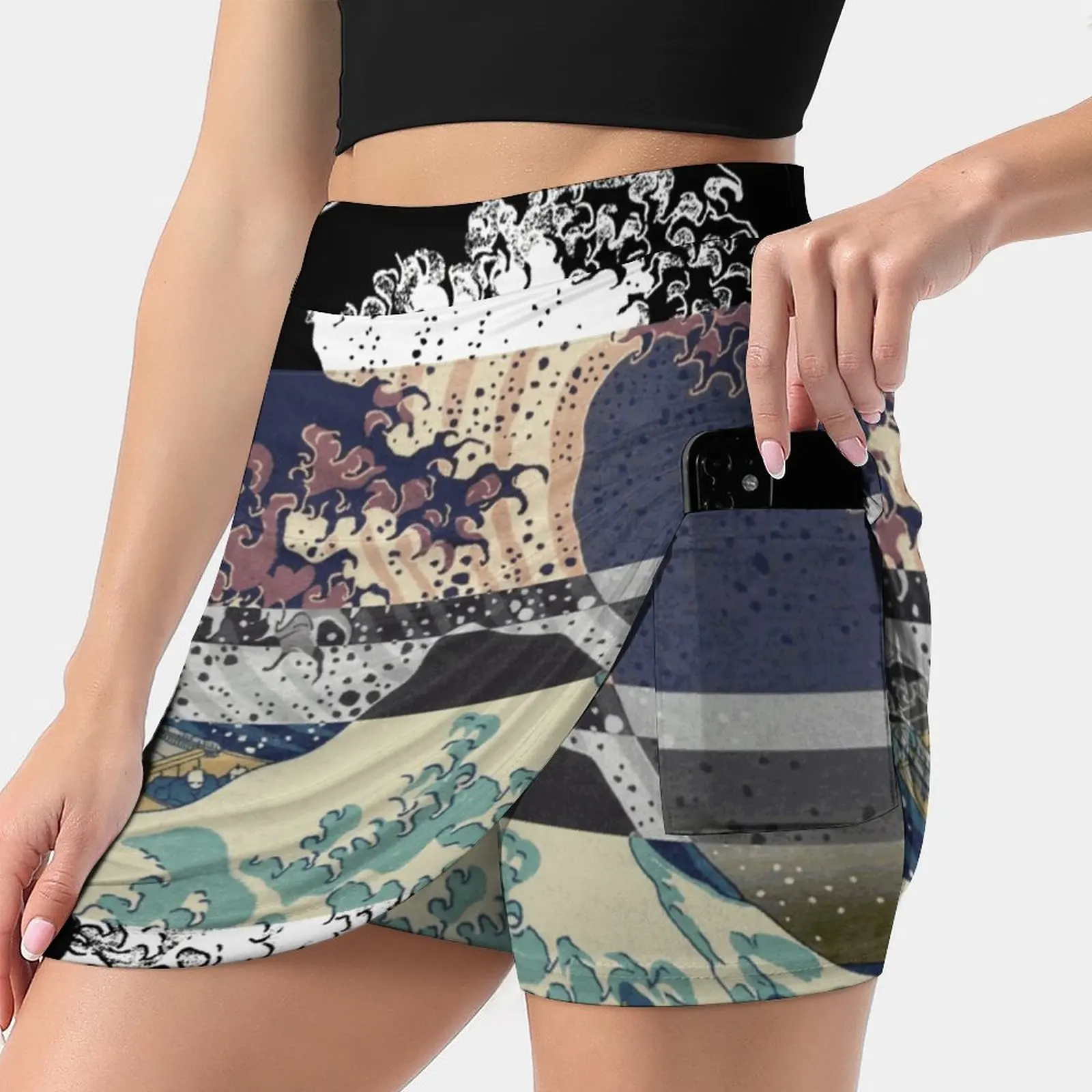 

The Great Wave Color Glitch Women's skirt With Pocket Vintage Skirt Printing A Line Skirts Summer Clothes Threshold Inverted