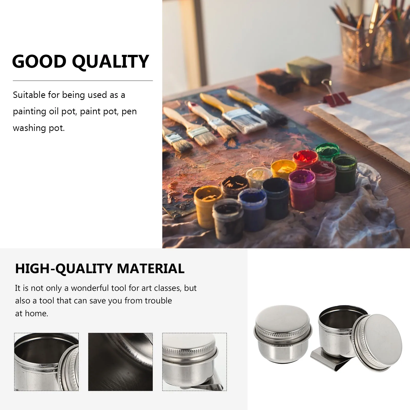 

2Pcs Oil Palette Cup Stainless Steel Brush Washing Pot Leakproof Lid Portable Container for Painting Brush Cleaner Artists Use