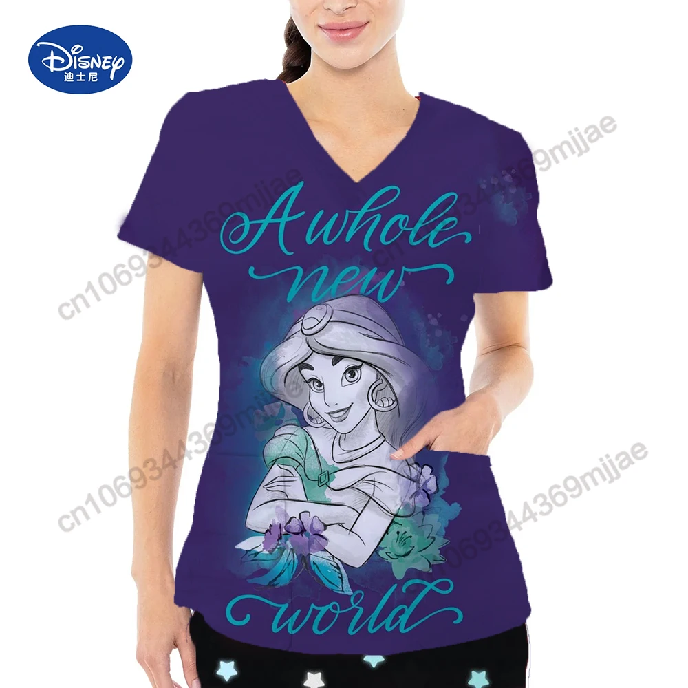 

Pretty Disney Princess Cartoon Pattern Printed Women's T-shirt 2024 Summer Comfortable and Casual Nurse Uniform Y2k style Top