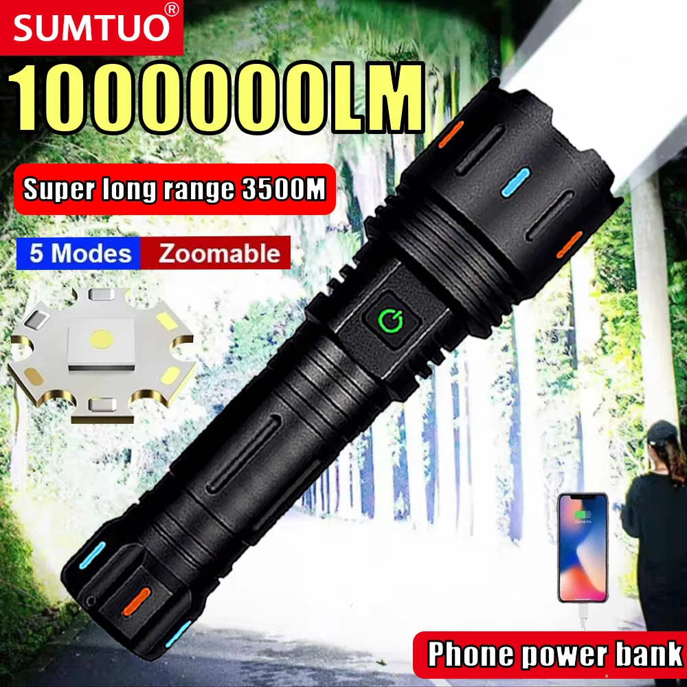 1000000LM Most Powerful Flashlight High Power Led Flashlights Rechargeable Tactical Torch Long Range 3500M Lamp Camping Lantern