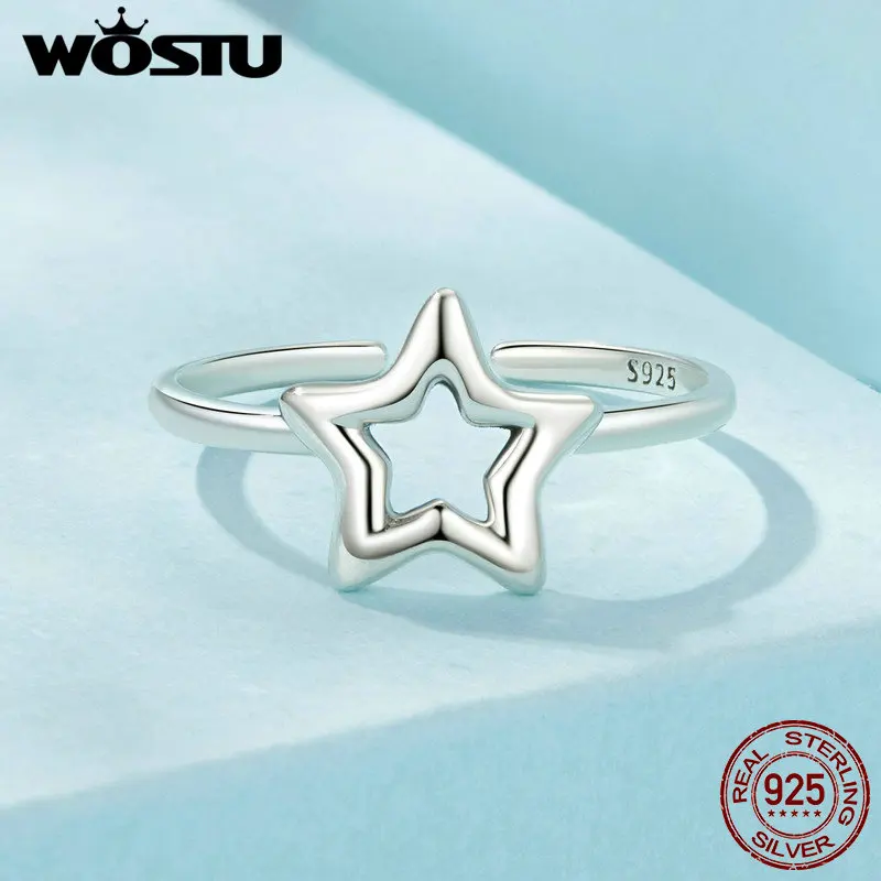 WOSTU Original 925 Sterling Silver Star Ring Simple Opening Ring Fine Jewelry For Women Girl Party Birthday Gift