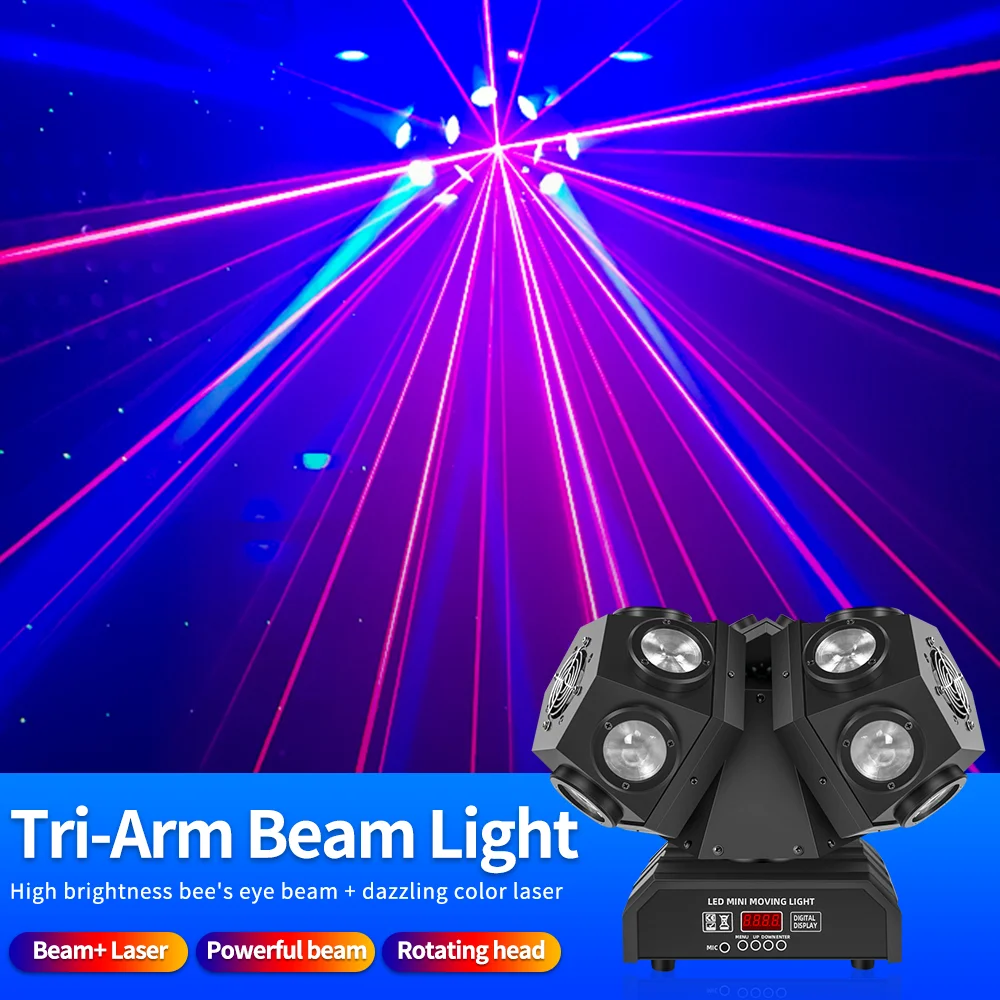 

4in1 Three head beam Light Laser Spotlight Rotating Lamp LED Moving Head light DJ Disco Bar Party Xmas Stage Effect Light Show