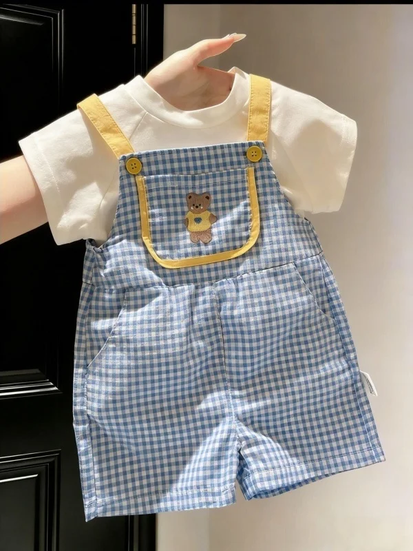 Girls Summer Plaid Bear Embroidery Two-Piece Set Short Sleeve Bib Overalls Candy Style Children's Fashion Outfit Polyester Fiber