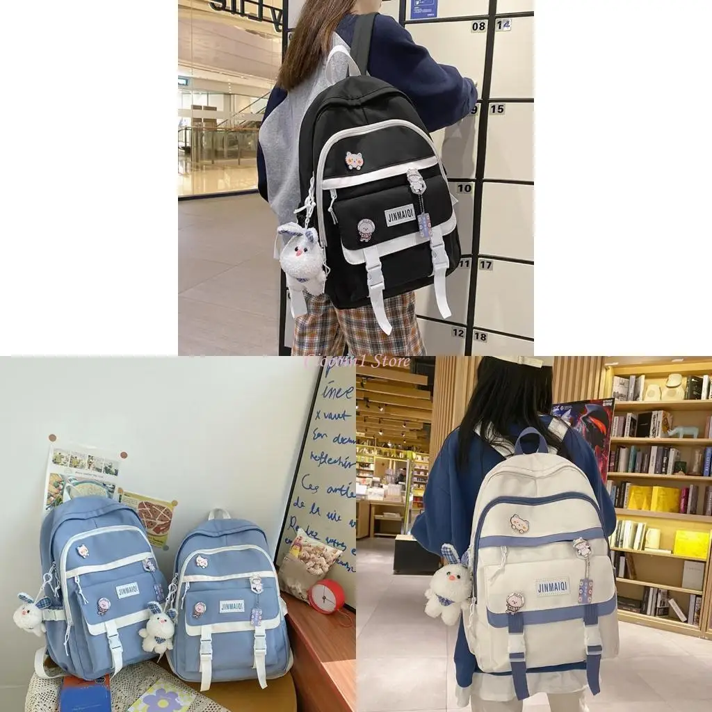 

Y1UB Backpack with Pin Accessories Plush Pendant Student School Bag Large Capacity Travel Backpacks Nylon Daypack Travel
