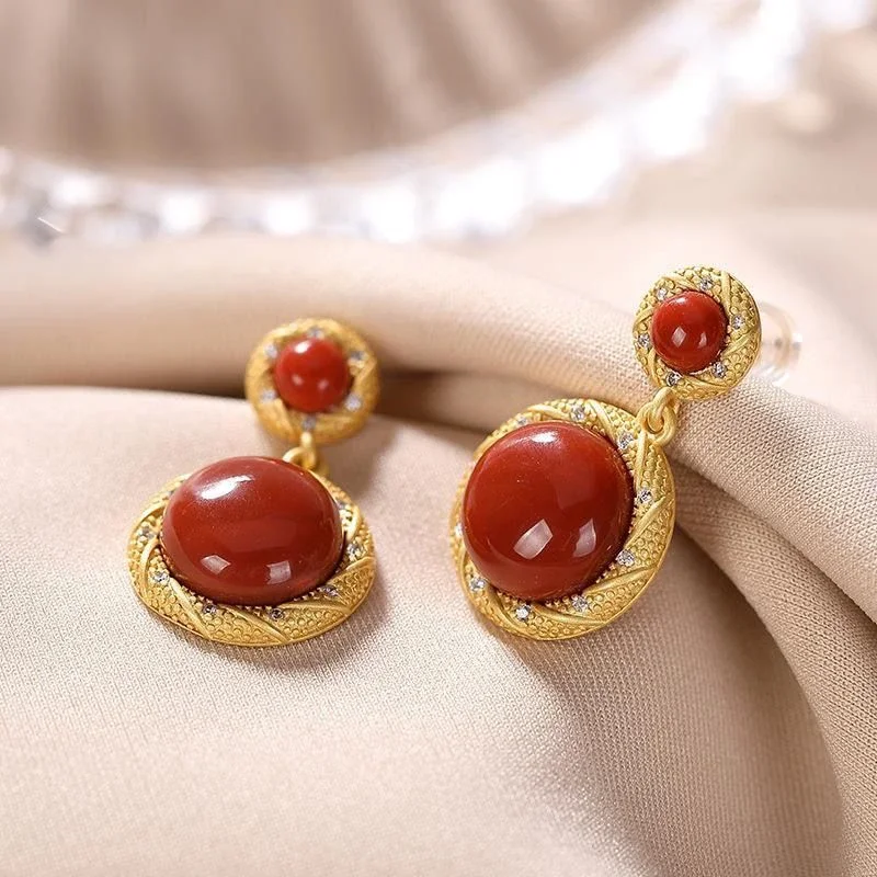 Ancient gold craftsmanship diamond original southern red tourmaline craft earrings retro court style charm ladies jewelry